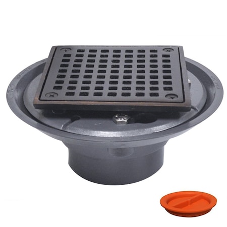 Jones Stephens 2inX3in PVC Shower Drain, 2in Brass Spud, 4-1/4in Square Old World Bronze Strainer, Grout Ring D5094WBTP